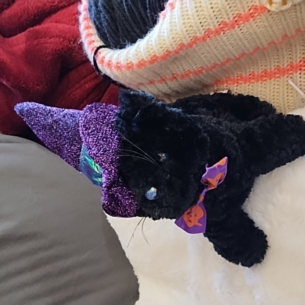 DANDEE Black Cat Stuffed animal Witch Familiar Halloween purple hat plush toy